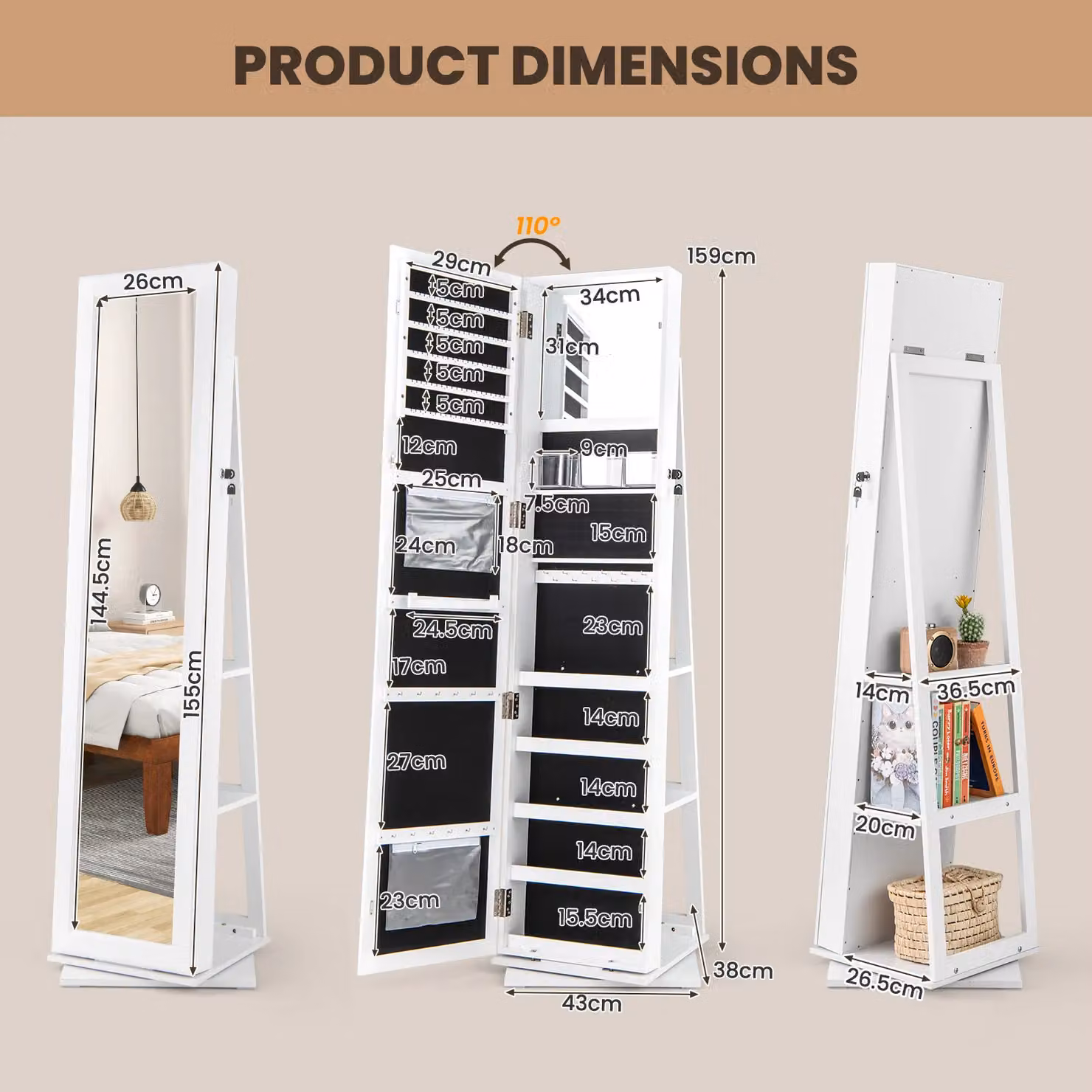 Gymax 360 Swivel Jewellery Armoire with Mirror and Lock, White Standing Jewellery Organiser – 2