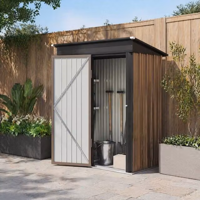 STILVORA Brown Steel Lean-to Garden Storage Shed with Lockable Single Door and Shelving, Height: 161 cm – 1