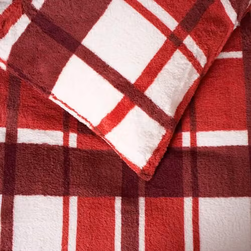 OHS Red Checked Teddy Fleece Single Duvet Cover and Pillowcase Set, W/D/H: 135 x 200 cm and 50 x 75 cm – 3