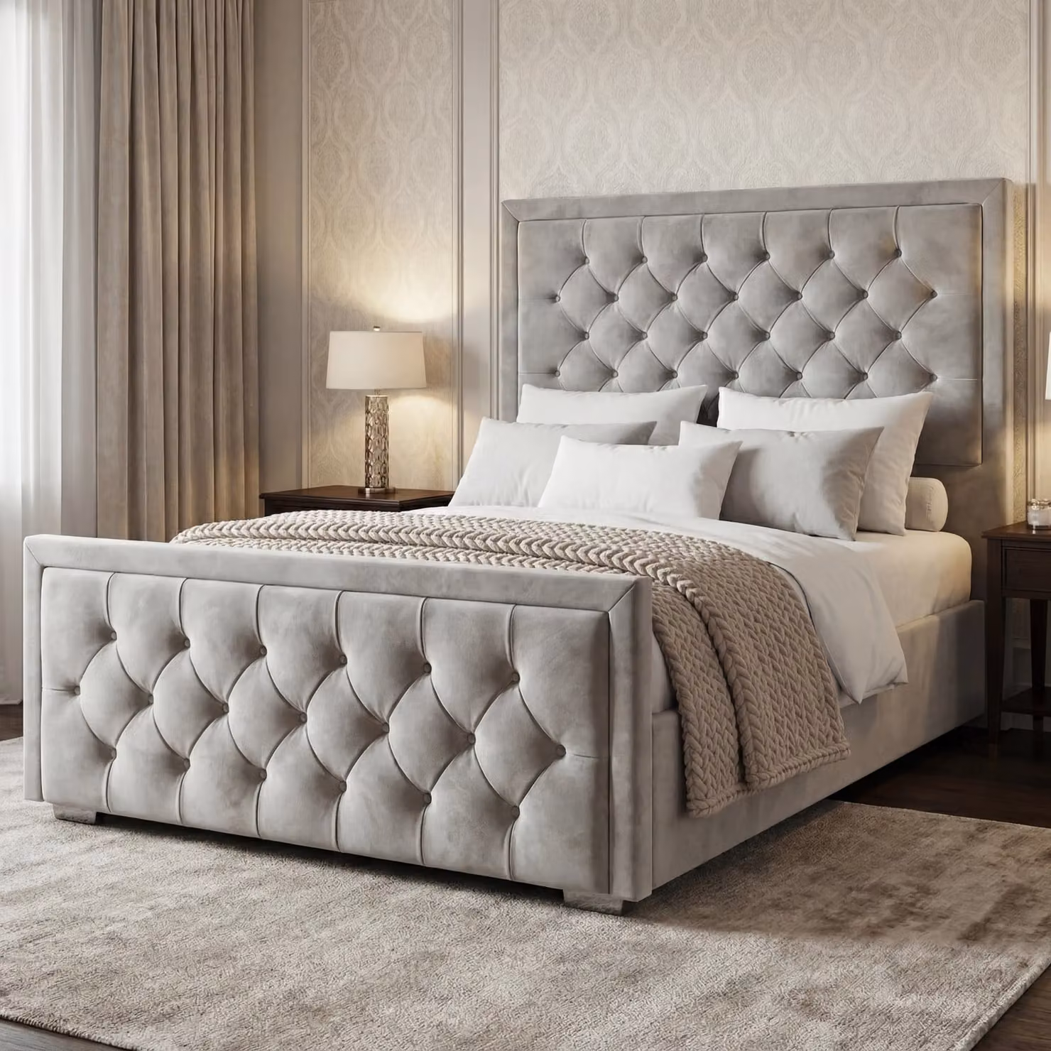 DHS Cross Puffed Velvet Ottoman Storage Bed in Grey, Double (140 x 200 cm)