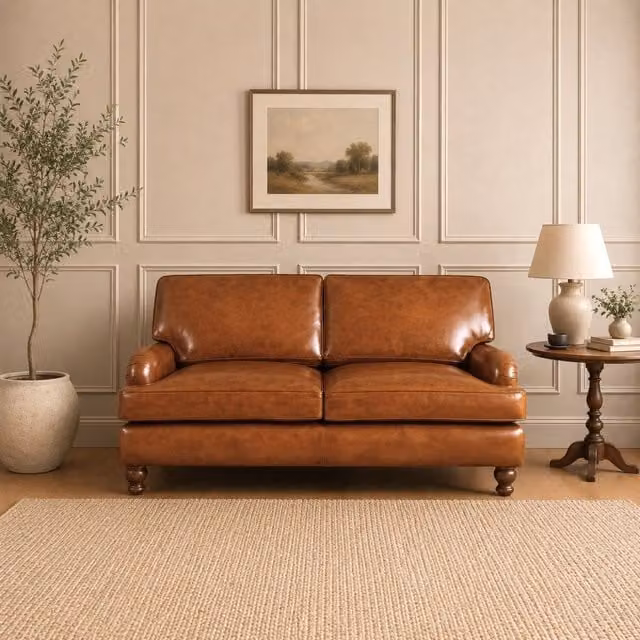 Elm Home And Garden Vintage Brown Genuine Leather 2 Seater Sofa with Rolled Arms and Wooden Details