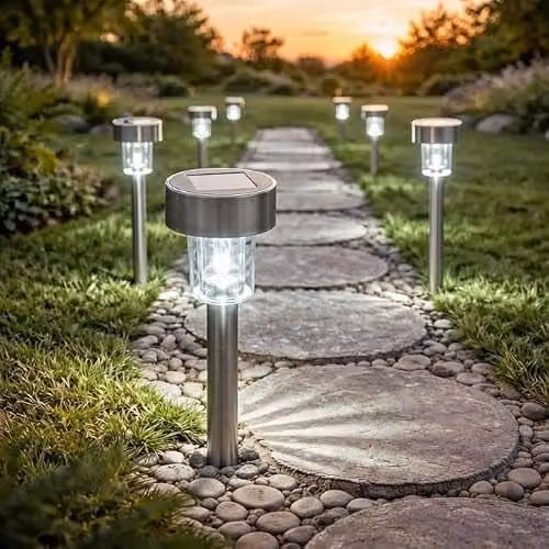 Globrite Pack of 10 Silver Stainless Steel LED Solar Garden Lights with Ground Spike and Warm White Dusk Sensor Light Effect – 1