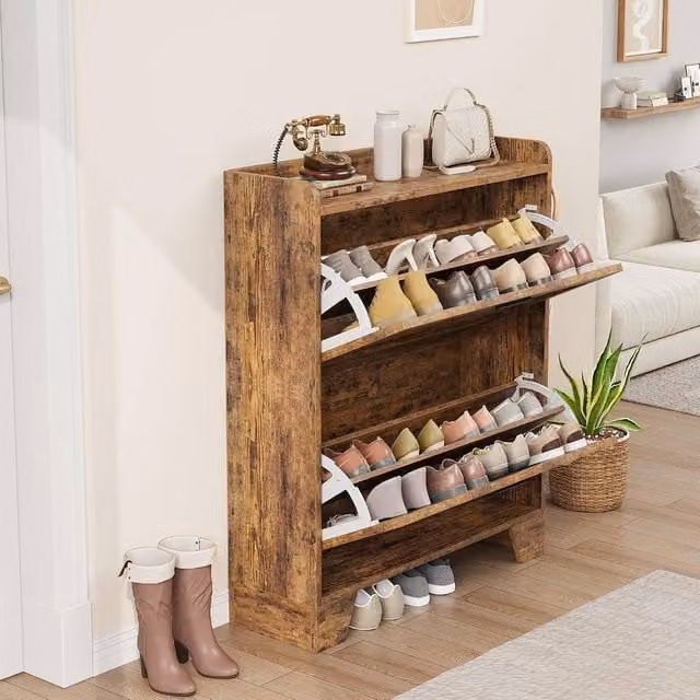 London Boutique Modern Brown Shoe Storage Cabinet with 2 Drawers and Adjustable Shelves