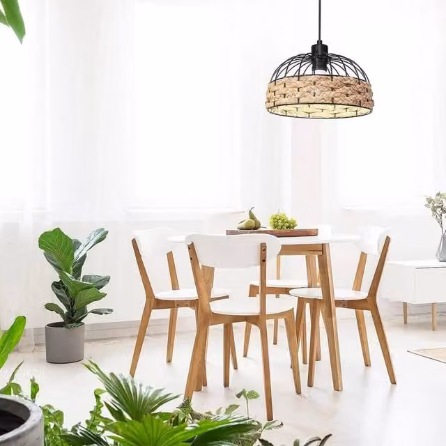 EONLION Black Metal and Jute Rope Boho Ceiling Pendant Lamp Shade with Reducer Ring