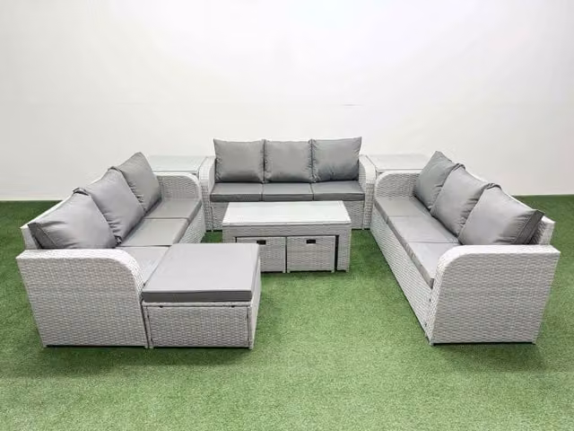 Fimous 12 Seater PE Rattan Outdoor Garden Lounge Sofa Set in Light Grey with Oblong Coffee Table, 3 Seater Sofa, 3 Stools and 2 Side Tables