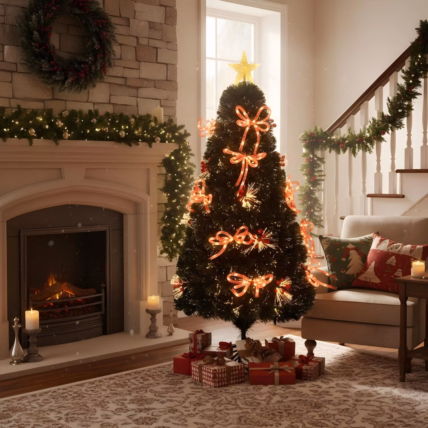 Shatchi Green Pre-Lit Artificial Christmas Tree with Fibre Optic Star Topper and Ribbon Bows, Height: 121.92 cm – 3