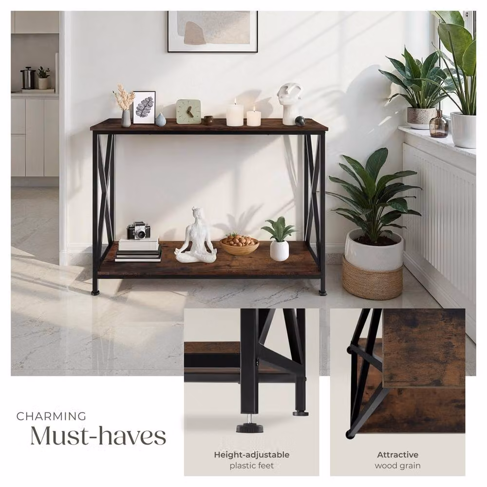 tectake Tacoma Console Table with 2 Shelves and Side X-Braces in Dark Brown – 4
