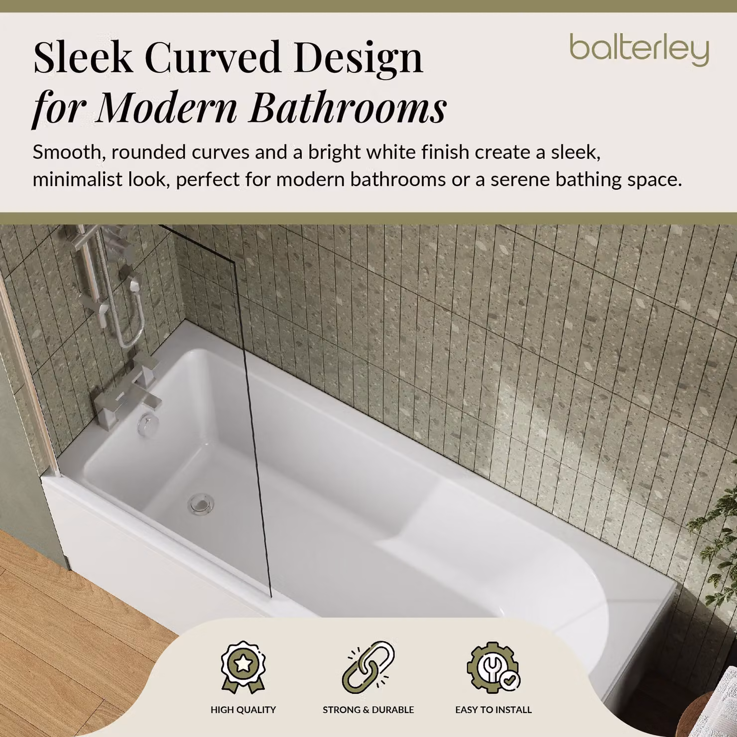 Balterley Round Single Ended Bath Set with Apron and Square Screen, White, W: 170 cm, D: 70 cm – 2