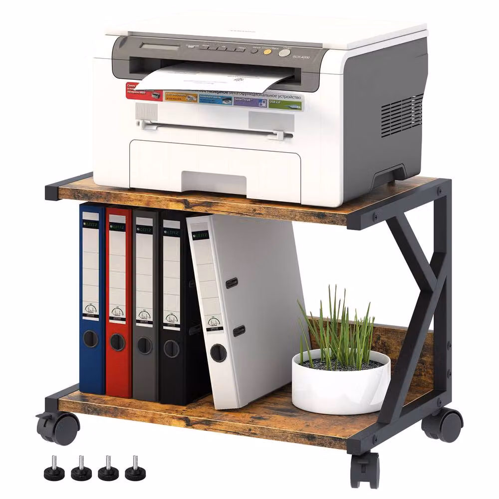 Huhote 2-Tier Wooden Desktop Printer Stand with Wheels and Storage in Brown – 5