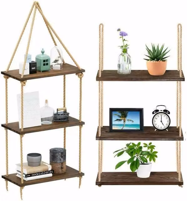 Kelvenix Rustic Brown Hanging Floating Wall Mounted Shelf with 15kg Load Capacity – 1