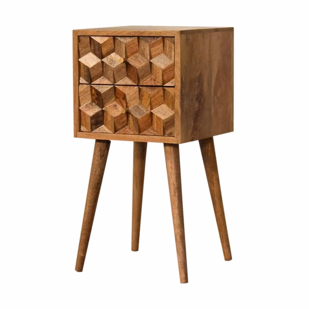 Wyld Haus Banyuls Mini Cube Carved 2 Drawer Bedside Table in Brown Mango Wood – 2
