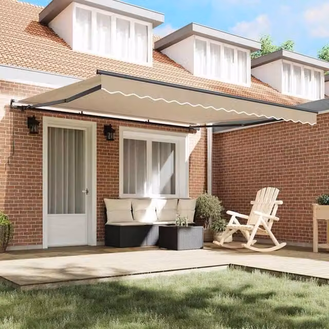 Berkfield Home Manual Retractable Folding Arm Awning in Beige, W: 400 cm, D: 300 cm – 1