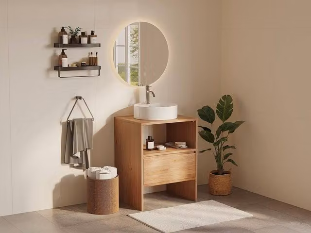 Vente-unique Solid Oak Bathroom Vanity Unit with Round Counter-Top Basin in Light Oak