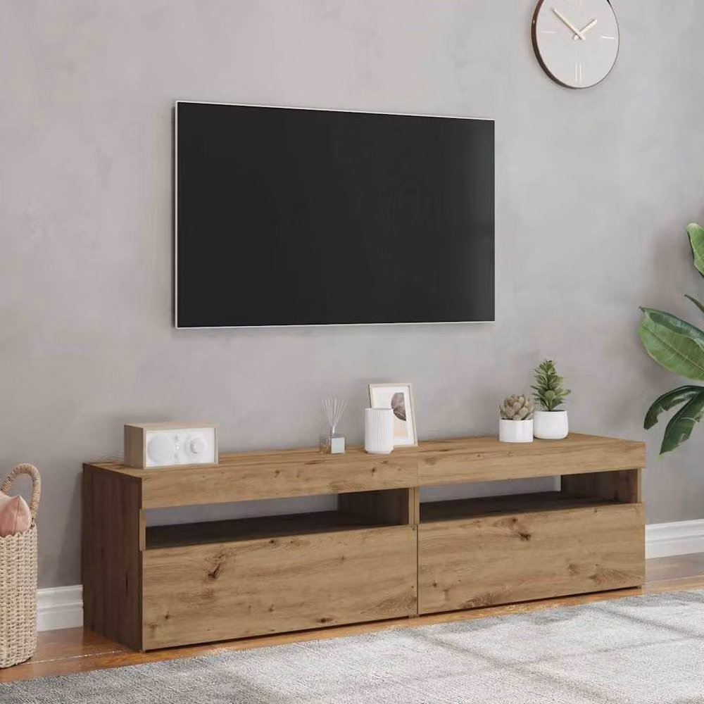 Berkfield Home Set of 2 Modern Artisan Oak TV Cabinets with LED Lights in Light Brown – 2