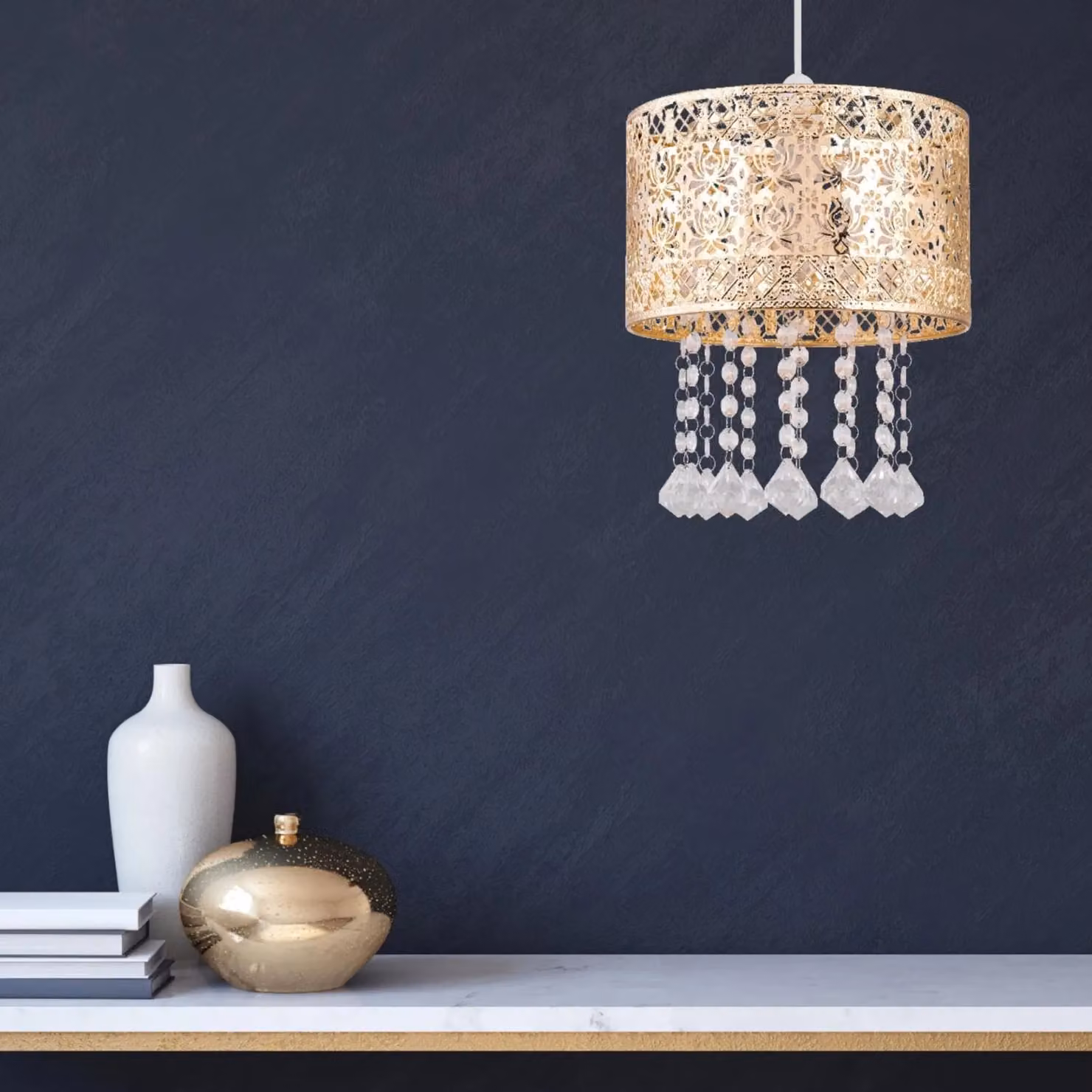 First Choice Lighting Set of 2 Gold Cut Out Jewelled Easy Fit Light Shades – 2