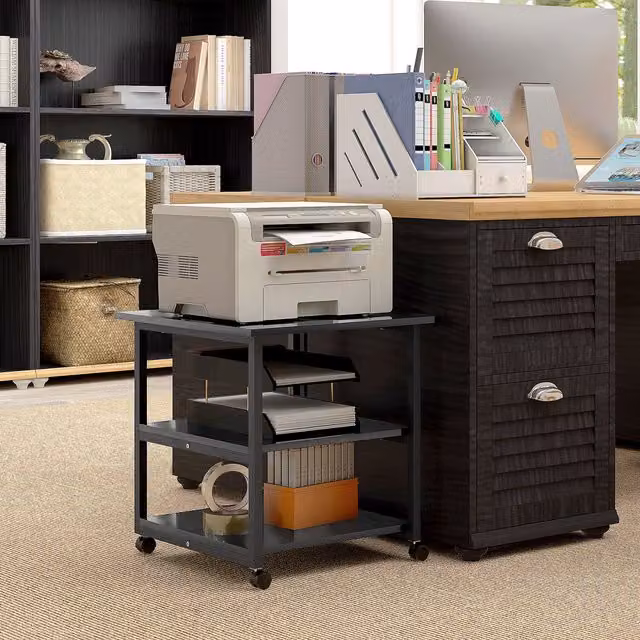 HOMCOM 3-Tier Black Metal Printer Stand with Storage and Wheels