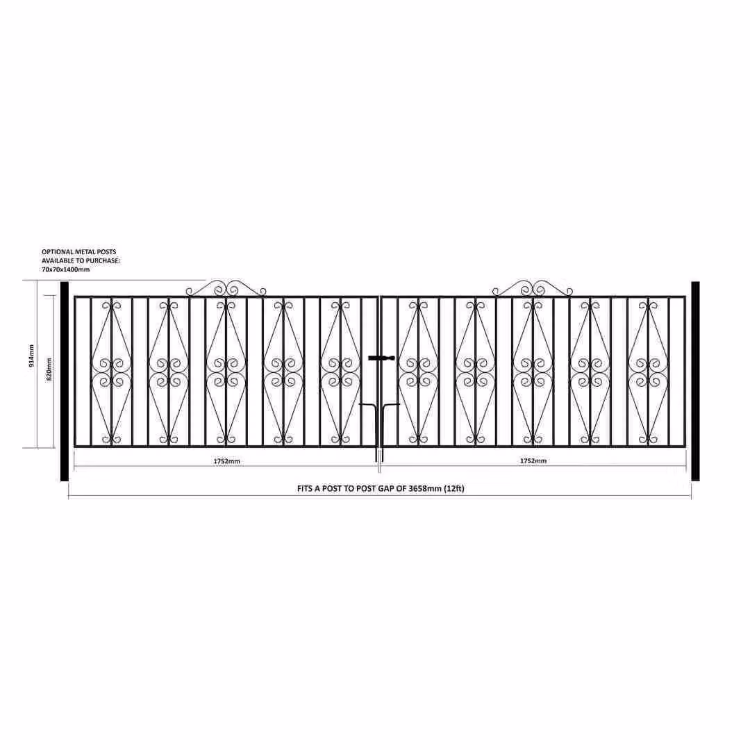 Burbage Iron Craft Stirling Scroll Double Driveway Swing Gate in Black, W: 365.8 cm, H: 91.4 cm – 2