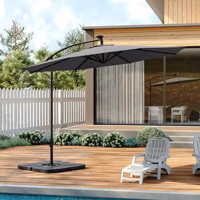 Livingandhome 32 LED Lighted Banana Hanging Cantilever Parasol with Base in Anthracite Grey