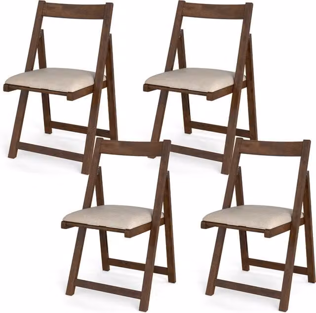 COSTWAY Set of 4 Foldable Dining Chairs in Brown Fabric and Rubberwood