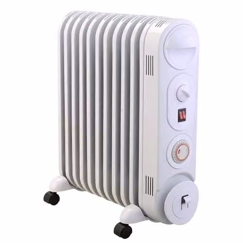 MYLEK 2.5kW Oil Filled Radiator Heater, White, Freestanding with Thermostat and 24-Hour Timer – 1