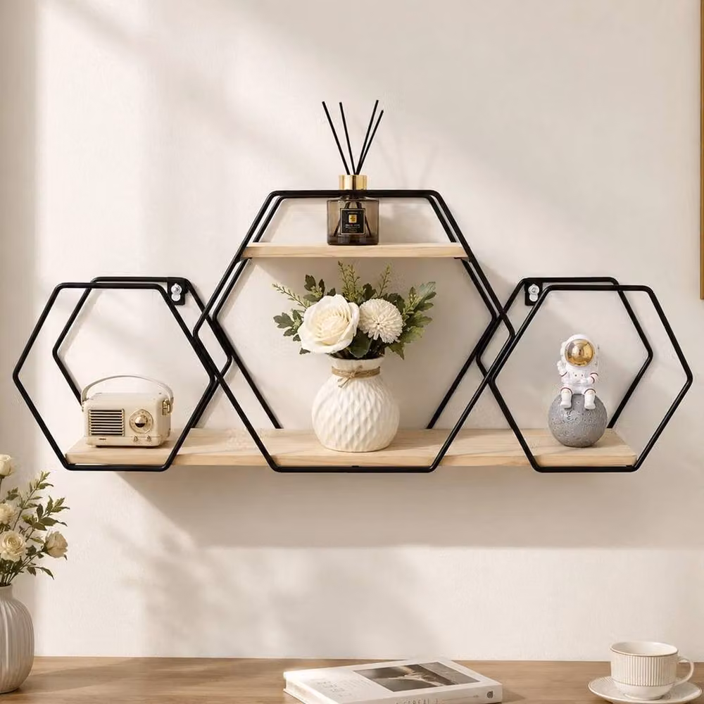 KORVIXA Black Contemporary Geometric Metal and Wood Wall Mounted Shelving Unit – 2