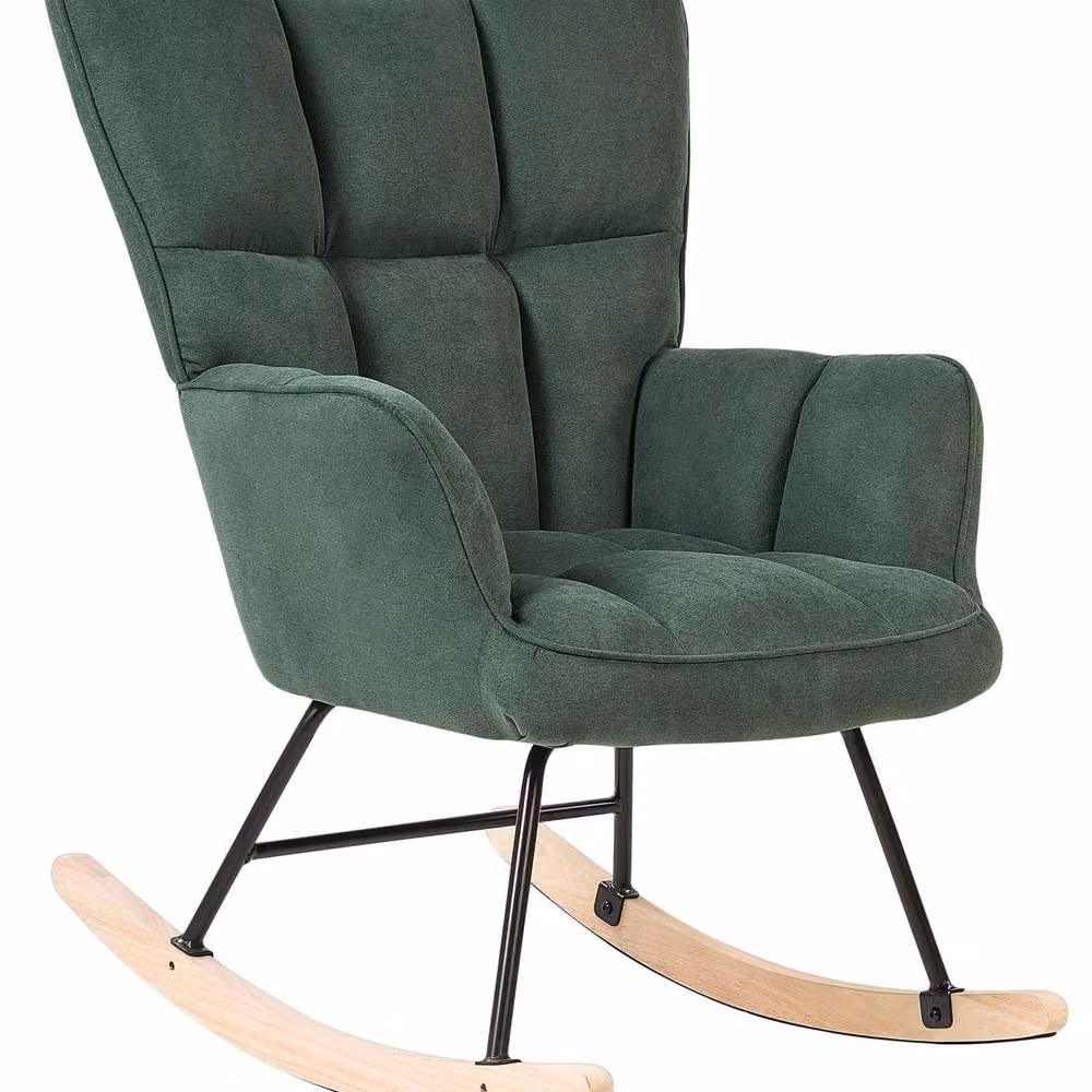 Wyld and Coco Dark Green Biscuit-Tufted Fabric Rocking Chair with Rubberwood Skates – 2
