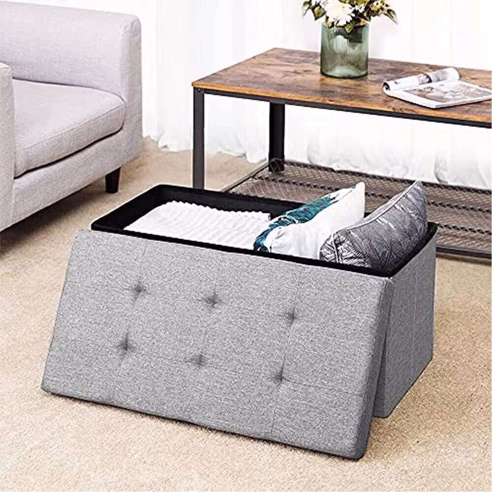VOGREX Grey Velvet Folding Storage Box Pouffe Seat Stool, W/D/H: 38 x 38 x 38 cm – 2