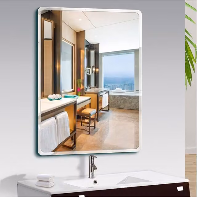 Biznest Modern Frameless Rectangular Wall Mounted Mirror with Rounded Corners in Silver