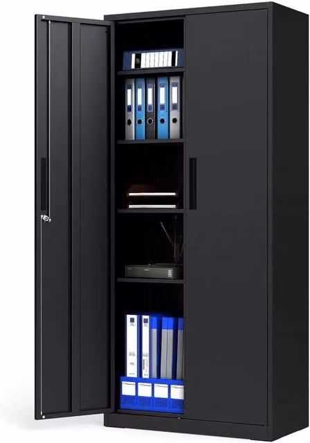 KORVIXA Modern Metal Storage Cabinet in Matt Black with Lockable Hinged Doors and Adjustable Shelves, W/D/H: 100 x 100 x 100 cm