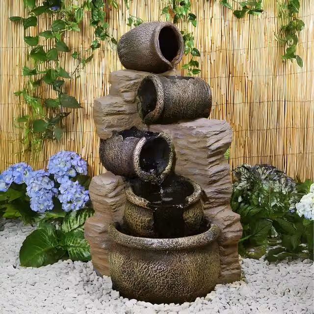 Primrose Cherika Tiered Cascading Oil Jars Tabletop Water Feature in Brown