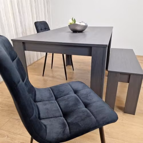 KOSY KOALA Modern Rectangular Dining Table Set with 2 Black Velvet Chairs and 1 Bench, Dark Grey, W/D/H: 117 x 77 x 75 cm – 3