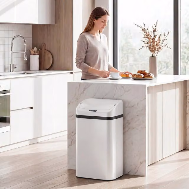HOMCOM 48L Stainless Steel Kitchen Bin with Sensor and Automatic Close, White