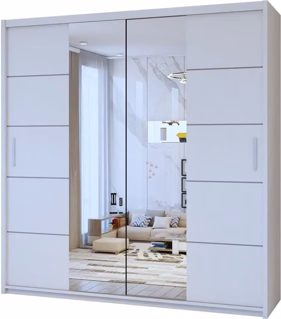 Modern White Sliding Door Wardrobe with Mirror, Width: 150 cm