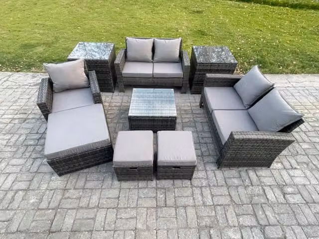 Fimous 8 Seater Dark Grey Rattan Garden Furniture Set with U-Shape Sofa, Coffee Table, Chair, Side Tables and Footstools