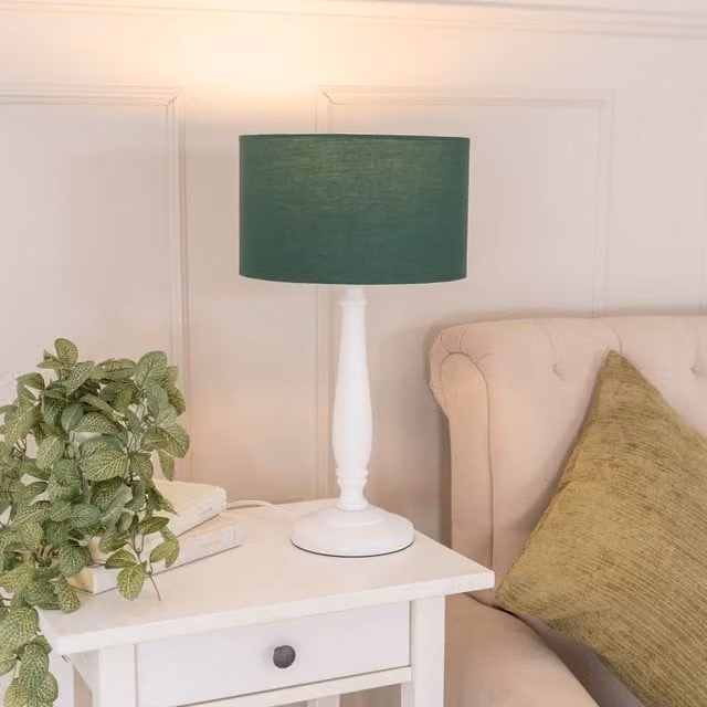 ValueLights Victoria Traditional White Wood Stem Table Lamp with Green Fabric Drum Shade, H 45.5 x W 25.5 x D 25.5 cm – 1