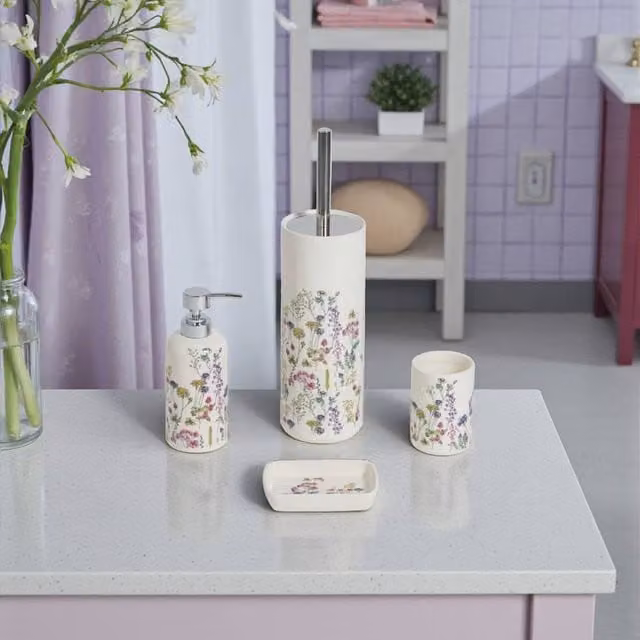 Showerdrape Meadow Wild Flowers 4 Piece Ceramic Bathroom Accessory Set in White