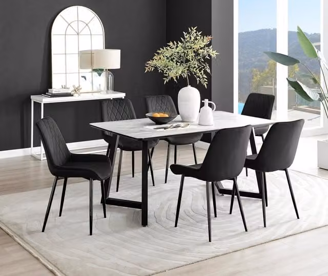 FurnitureboxUK Carson White Marble Effect Dining Table and 6 Pesaro Black Leg Chairs Set