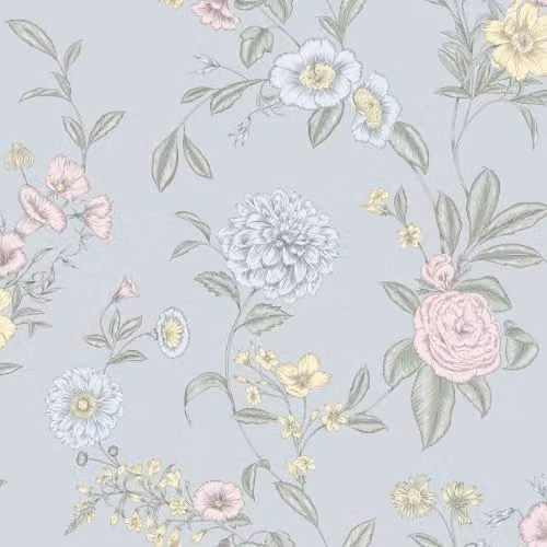 Rasch Chelsea Floral Botanical Wallpaper in Multi/Powder Blue with Metallic Accents