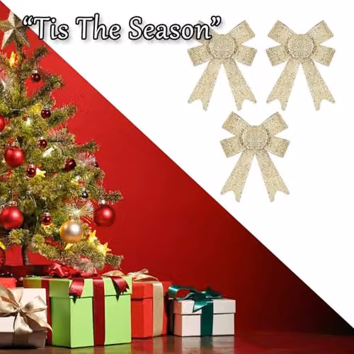 VFM e-Store Tinsel Bows Christmas Decorations in Gold and Beige, Pack of 3, W/D/H: 10 x 13 x 3 cm – 5