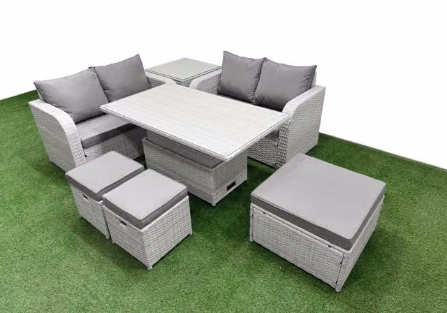 Fimous 7 Seater Rattan Garden Furniture Set in Light Grey with Adjustable Dining Coffee Table, 2 Seater Sofa, Ottoman and Side Table