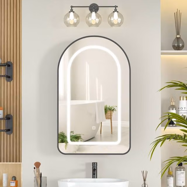 KEEPREAPER Modern Black Matt Bathroom Mirror Cabinet with LED Lighting, Sensor Switch and Glass Shelves – 1