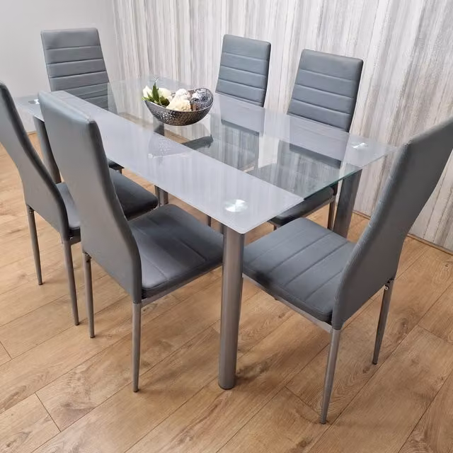 Kosy Koala Modern Rectangular Glass Dining Table and 7 Grey Striped Chairs Set