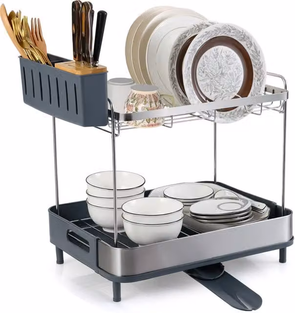 Costway 2-Tier Black Dish Drying Rack with Drip Tray and Cutlery Holder