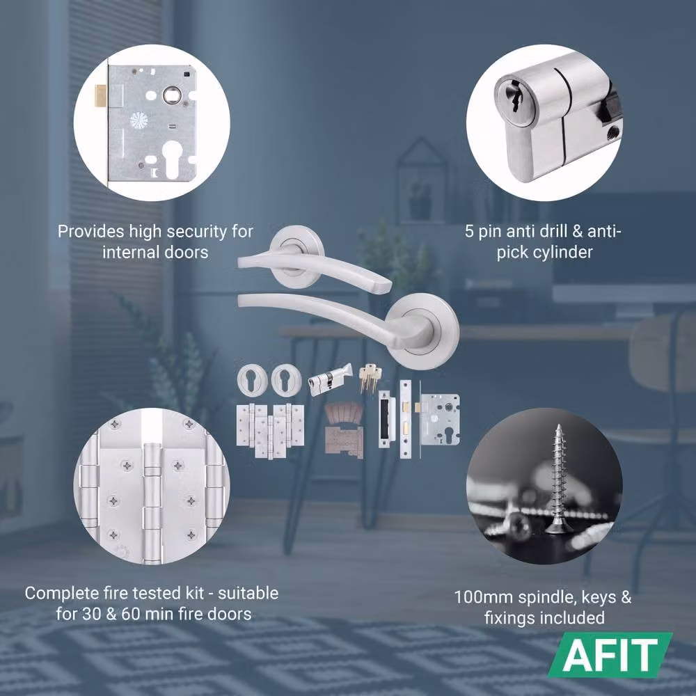 AFIT Satin Silver Fire Door Handle Euro Lock Thumbturn Cylinder and Hinges Set – 2