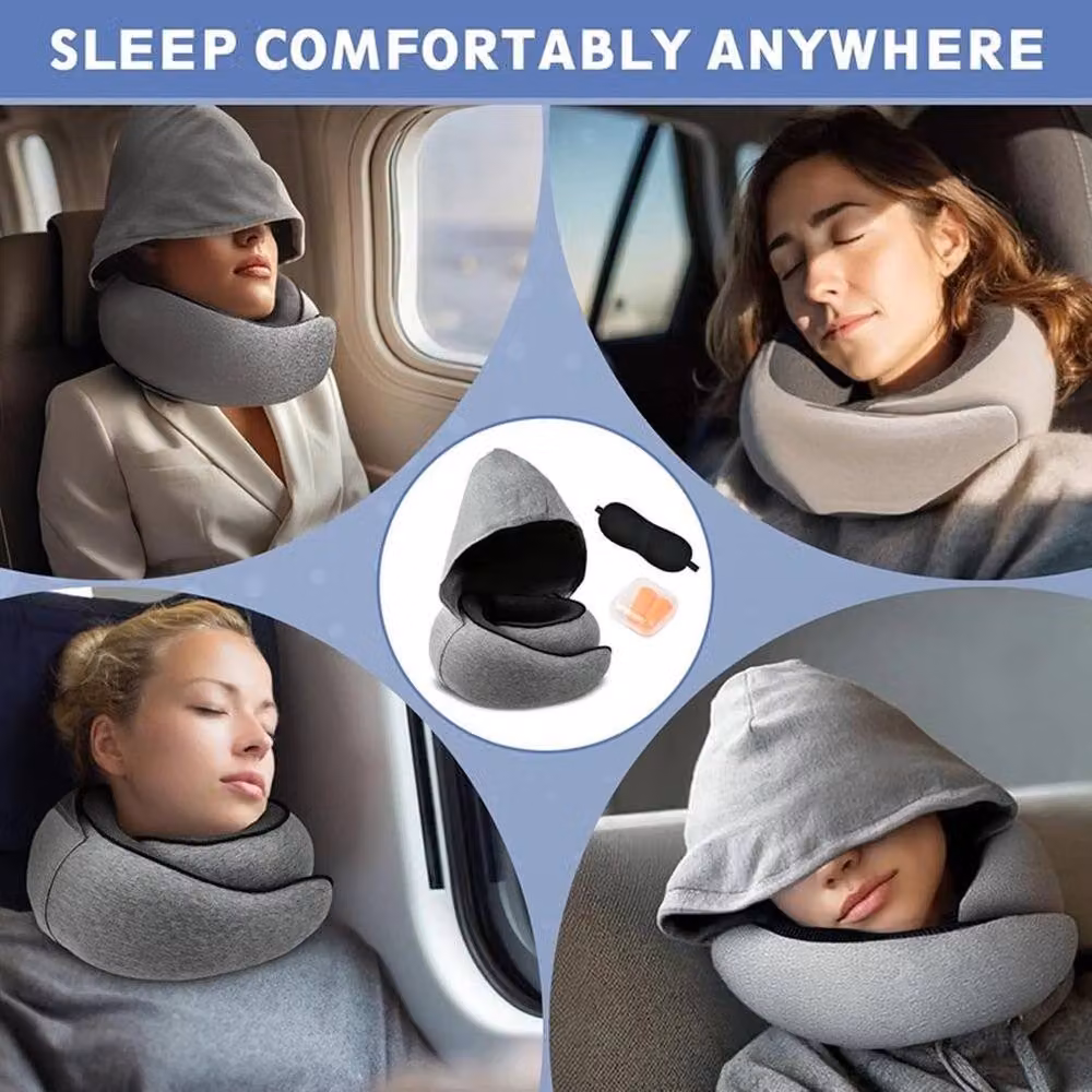 KORVIXA Grey U-Shaped Memory Foam Neck Pillow with Breathable Cotton Cover – 4