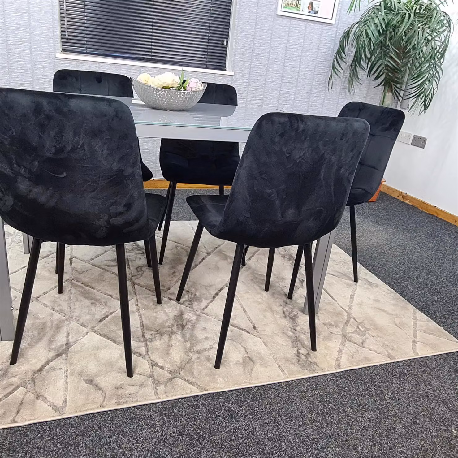 KOSY KOALA Modern Grey Glass Rectangular Dining Table with 4 Black Velvet Chairs and Brown Metal Legs – 7