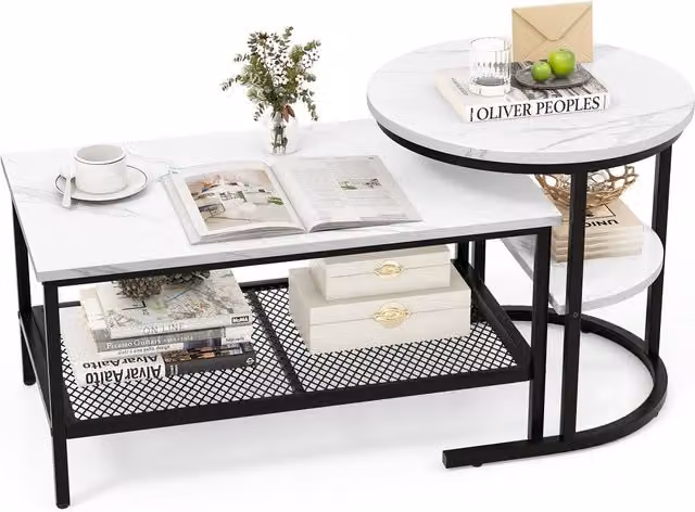 Costway Set of 2 Black Faux Marble Nesting Coffee Tables with 2-Tier Detachable Round Tops