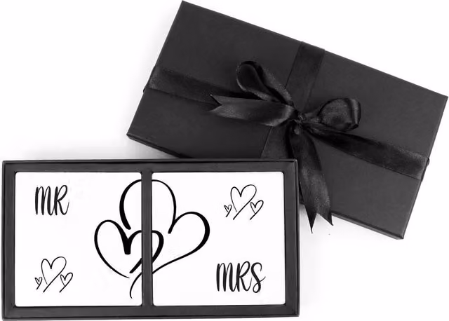 Purely Home Mr & Mrs Hearts Ceramic Coaster Gift Set in White and Black