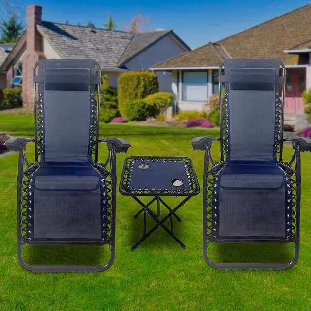 Birchtree Blue Sun Recliner Table Set with Textilene Fabric and Powder Coated Steel Frame