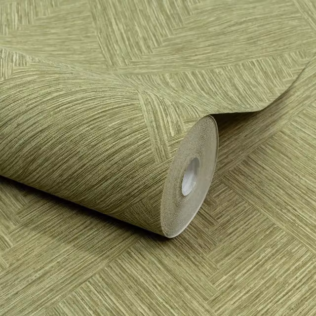 Grandeco Boutique Loni Geometric Weave Luxury Embossed Wallpaper in Moss Green